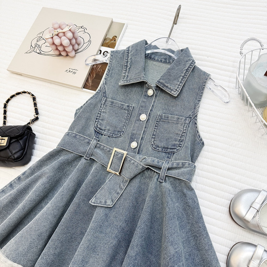 Summer Girls' Denim Dress Fitted Waist, Sleeveless, Lace Trim, Backless Dress