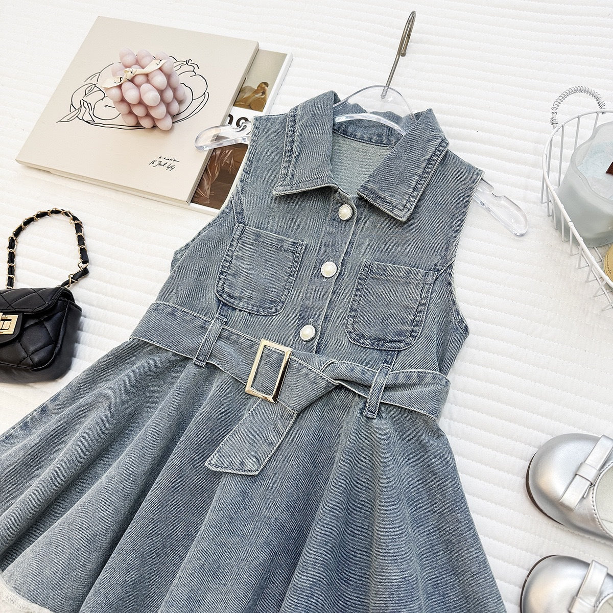 Summer Girls' Denim Dress Fitted Waist, Sleeveless, Lace Trim, Backless Dress