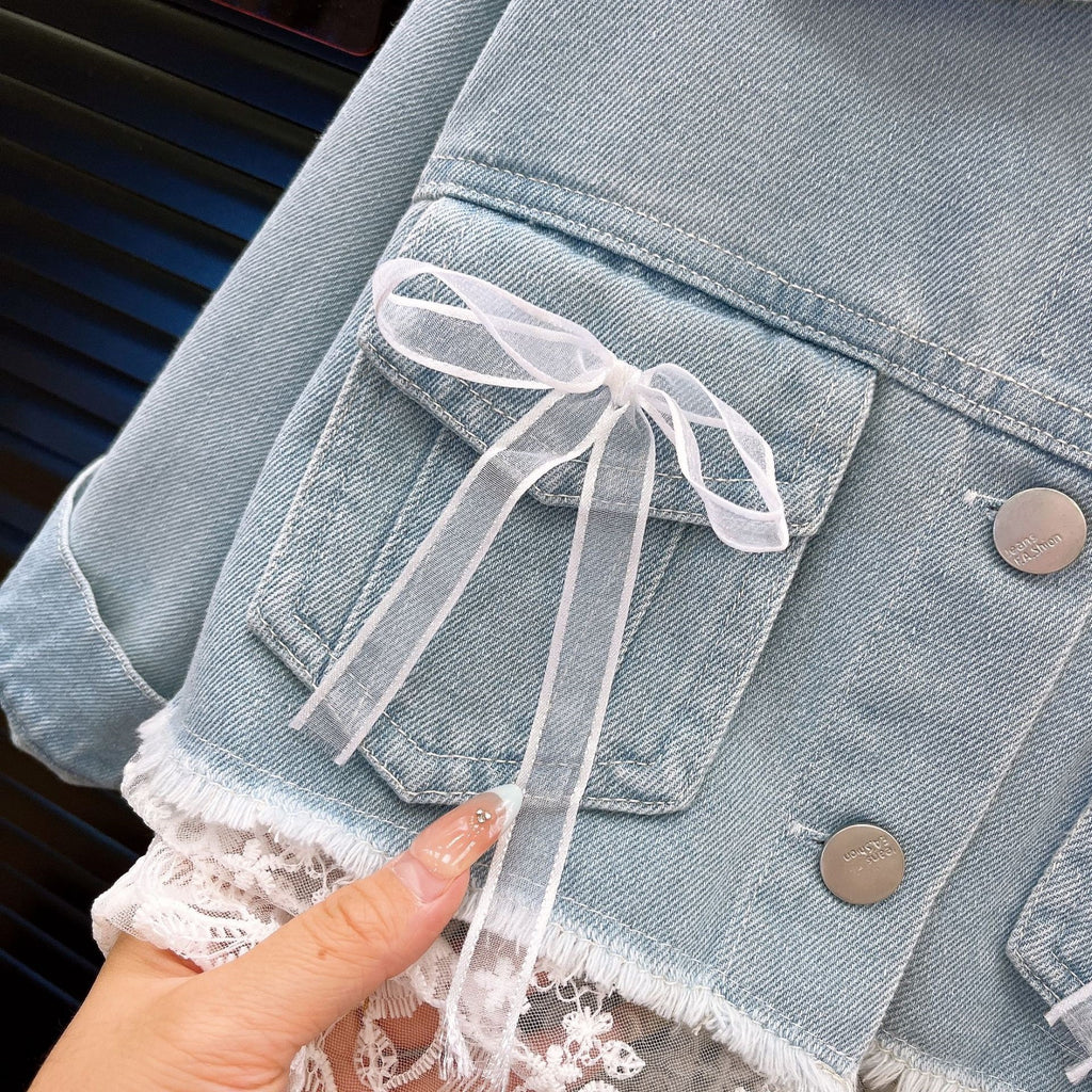 Girls' Spring and Autumn New Fashion Kids Clothing Set, Denim Lace Patchwork Jacket with Denim Pants, Stylish Two-Piece Outfit