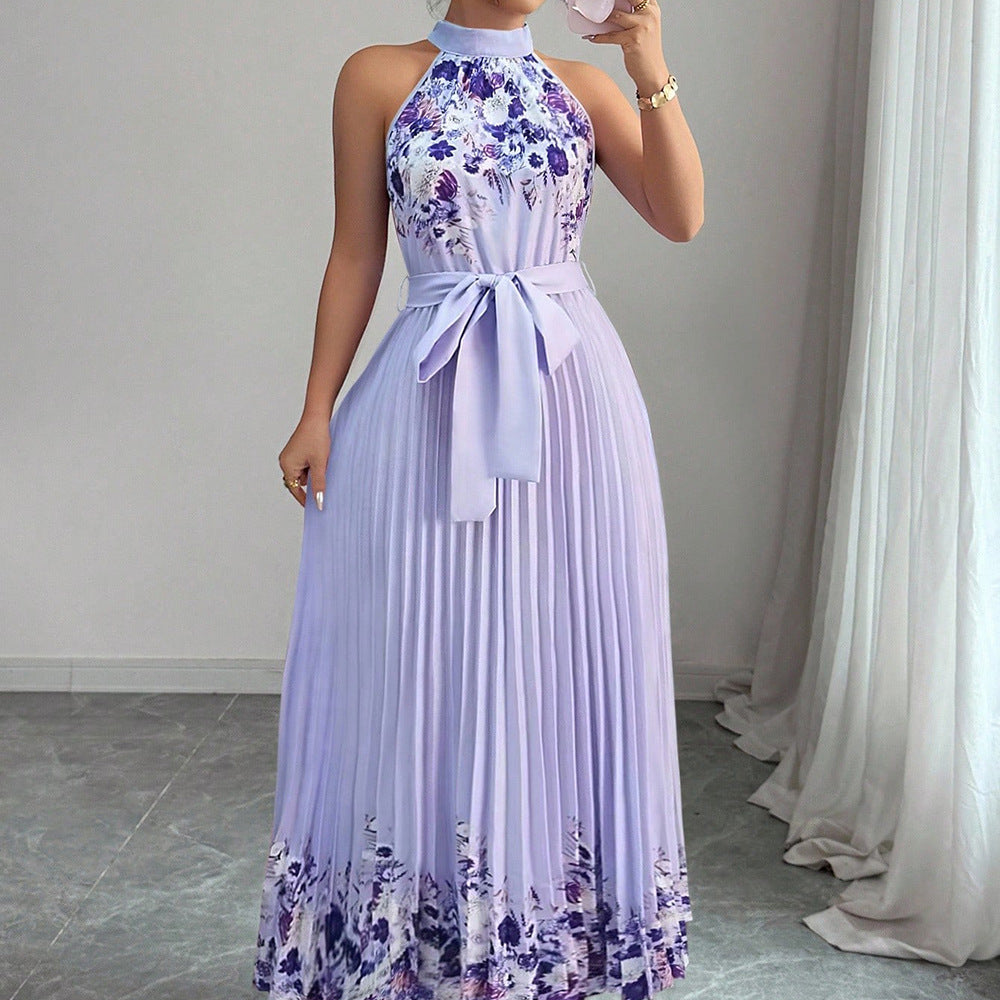 Women’s Floral Print Halter Neck Pleated Maxi Dress with Waist Tie – $19.99 Unit Price | MOQ 24 Pieces.Size S-xl