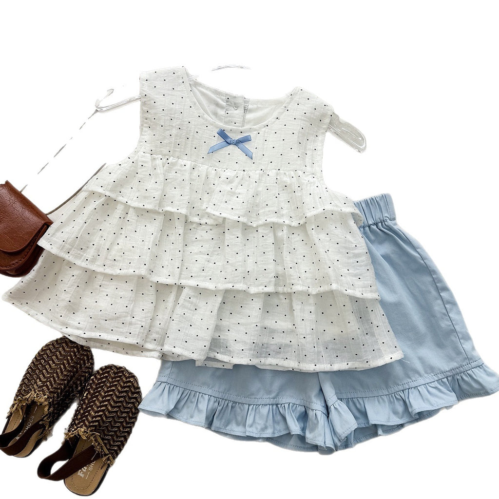 Chic Polka Dot Cake Top with Ruffle Shorts Set for Girls Summer Casual Two-Piece Outfit