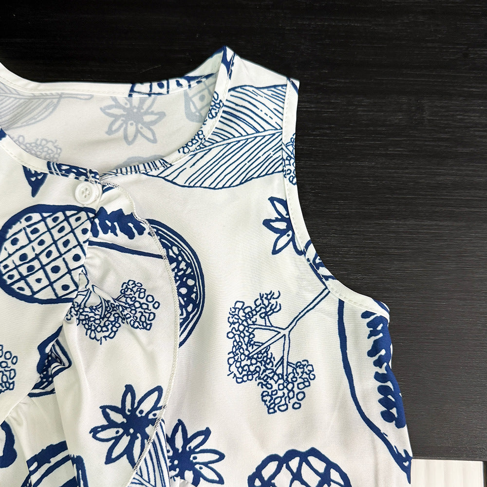 Girls' Set Summer Plant Print Casual Sleeveless Top and Long Pants Two-Piece Set  New Style Wholesale Drop Shipping