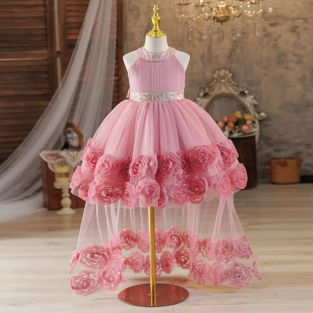 Elegant Girls Princess High-Low Party Dress with Floral Rose Details and Sparkling Sequin Waist – Special Occasion Formal Dress 👗. MOQ 100 | 10 each color . Unit price $9