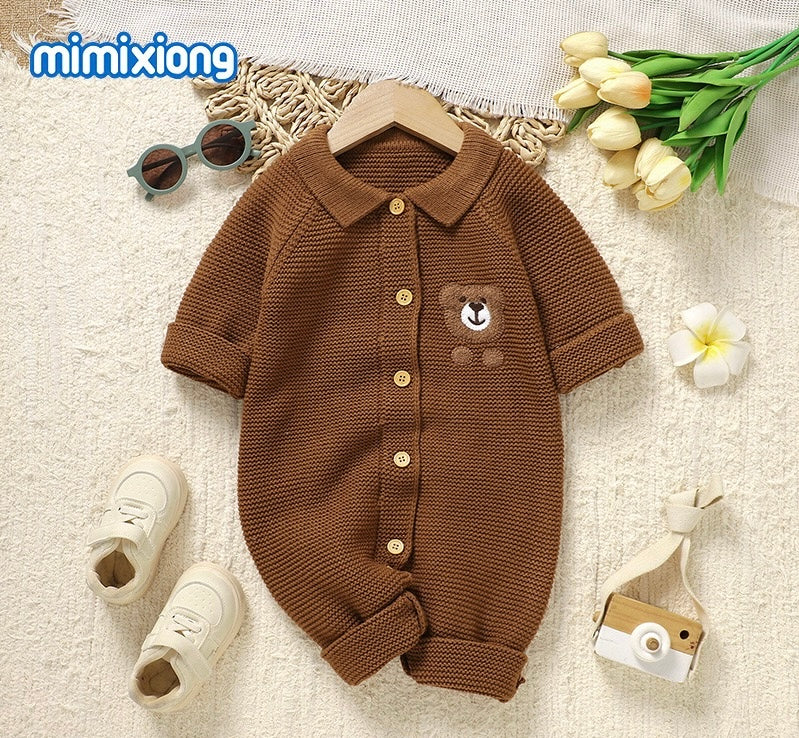 Baby Knit Bear Button-Up Long-Sleeve Romper – Assorted Colors | $11.50 Each | MOQ 12 Per Style