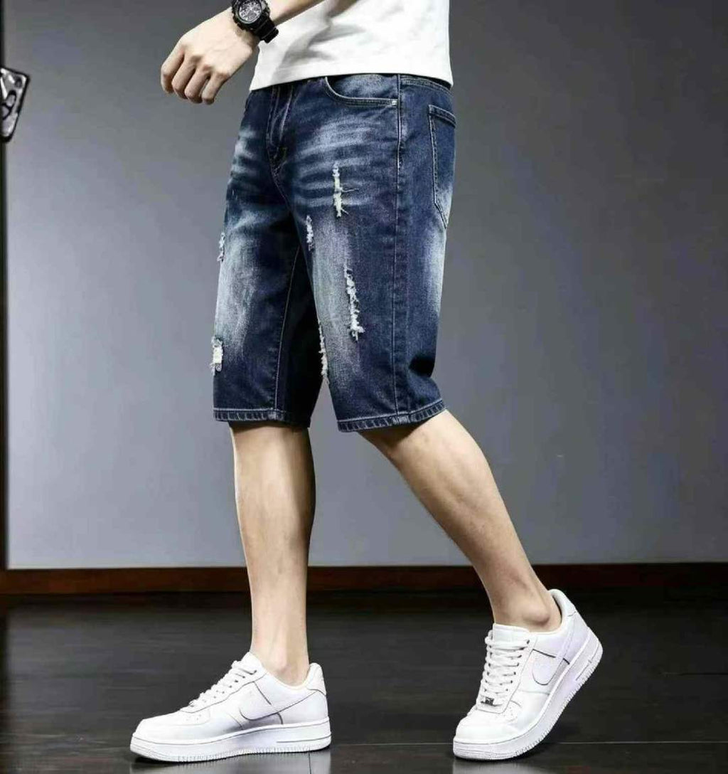 New summer style, high-elasticity men's retro washed cotton ripped denim shorts.