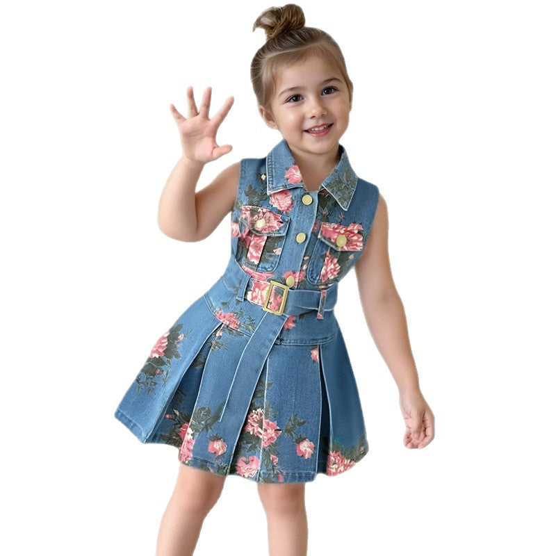Girls' Sleeveless Denim Dress — Floral Print High-Waist Backless Style