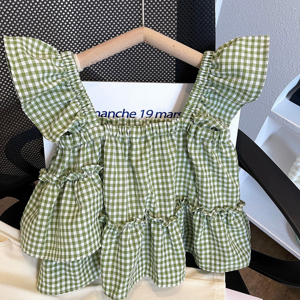 Cute Girls' Plaid Outfit Summer Set Sleeveless Top and Wide Leg Pants Two-Piece Casual Fashionable Baby Clothes