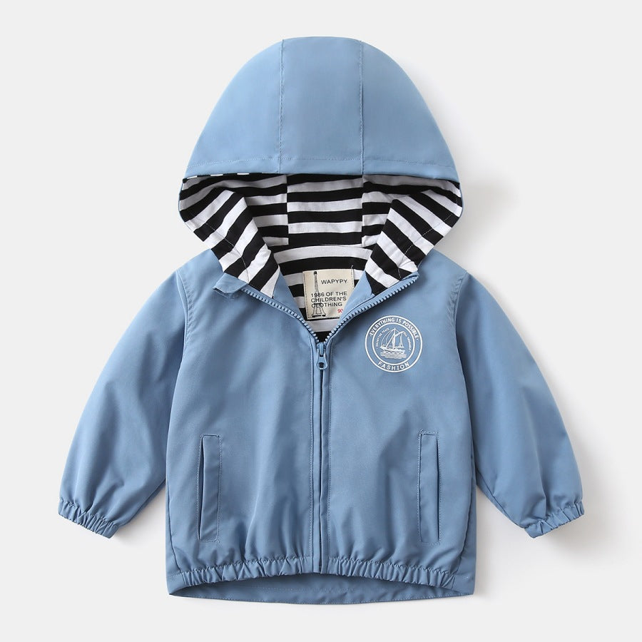 Kids Korean Style Letter Print Hooded Jacket — V-Neck Zip-Up Outerwear (Sizes 90-130cm)