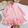 Girls' Long Sleeve Shirt Collar Patchwork Dress, Cake Skirt, 3-8 Years Old