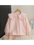 Girls Ruffle Pearl Collar Puff Sleeve Blouse - Pink