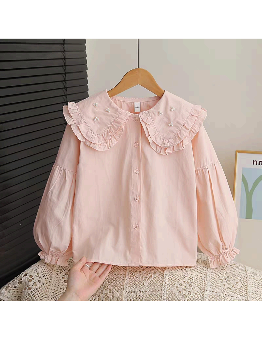 Girls Ruffle Pearl Collar Puff Sleeve Blouse - Pink