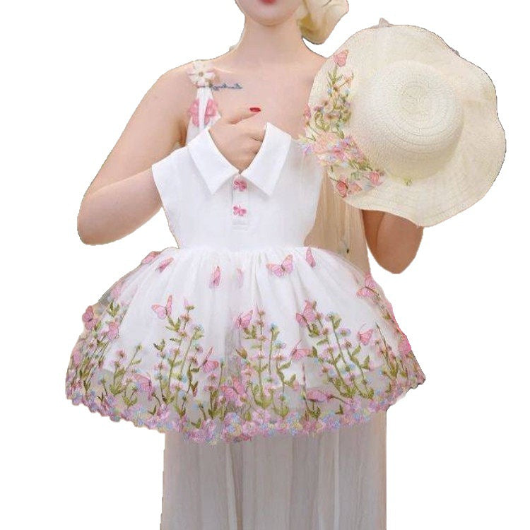 Charming Embroidered Floral Tulle Puff Dress for Girls, Princess Style Formal Dress