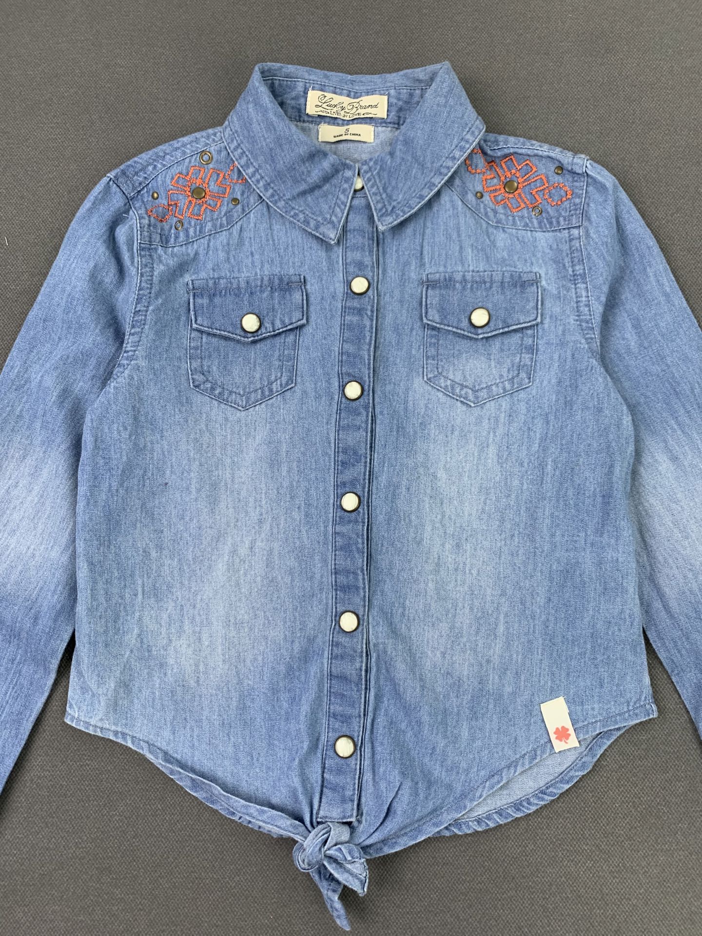Lucky Brand Girls' Long-Sleeve Denim Shirt, 100% Cotton Denim Fabric, Soft Fabric.