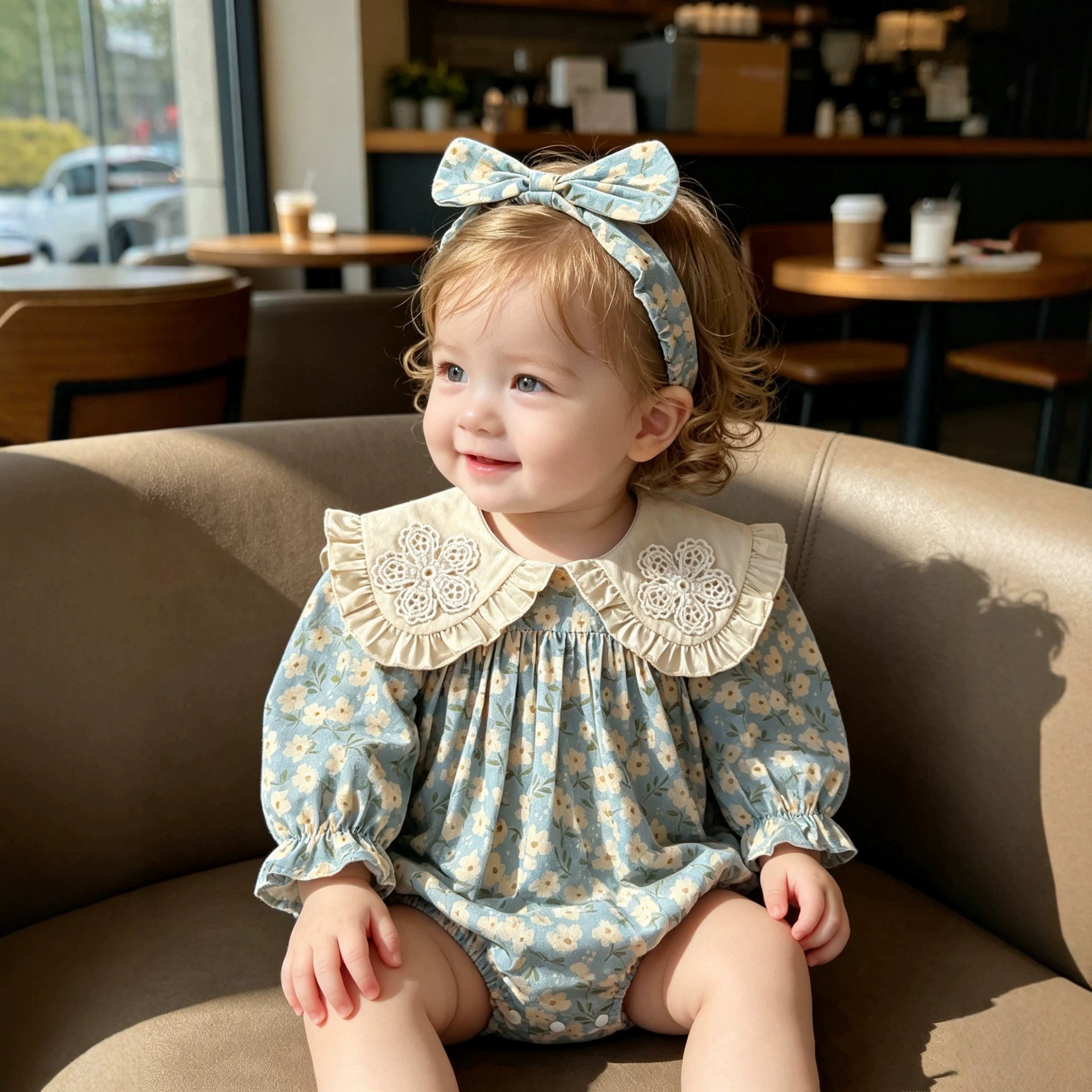 Autumn Baby Clothes Sweet Floral Baby Girl Romper Long Sleeve Dress With Peter Pan Collar Sister Set