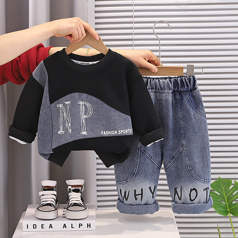 Boys’ Lifestyle “WHY NOT” 2-Piece Sweatshirt & Denim Pants Set. Set price $15 MOQ 24 per color .