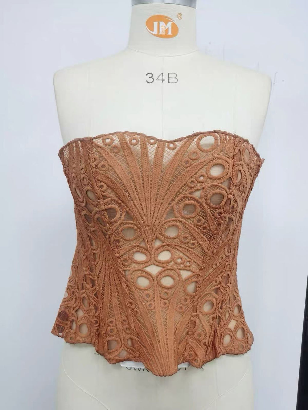 Women's lace cutout sweetheart corset top in khaki tan