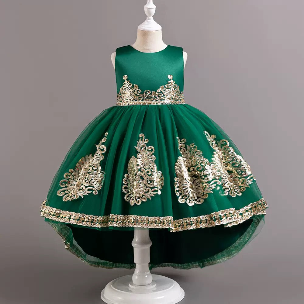 Wholesale Girls Elegant High-Low Princess Party Dress with Gold Embroidery – MOQ 50 Mixed Colors – 10 Pieces Per Color – $8 Each