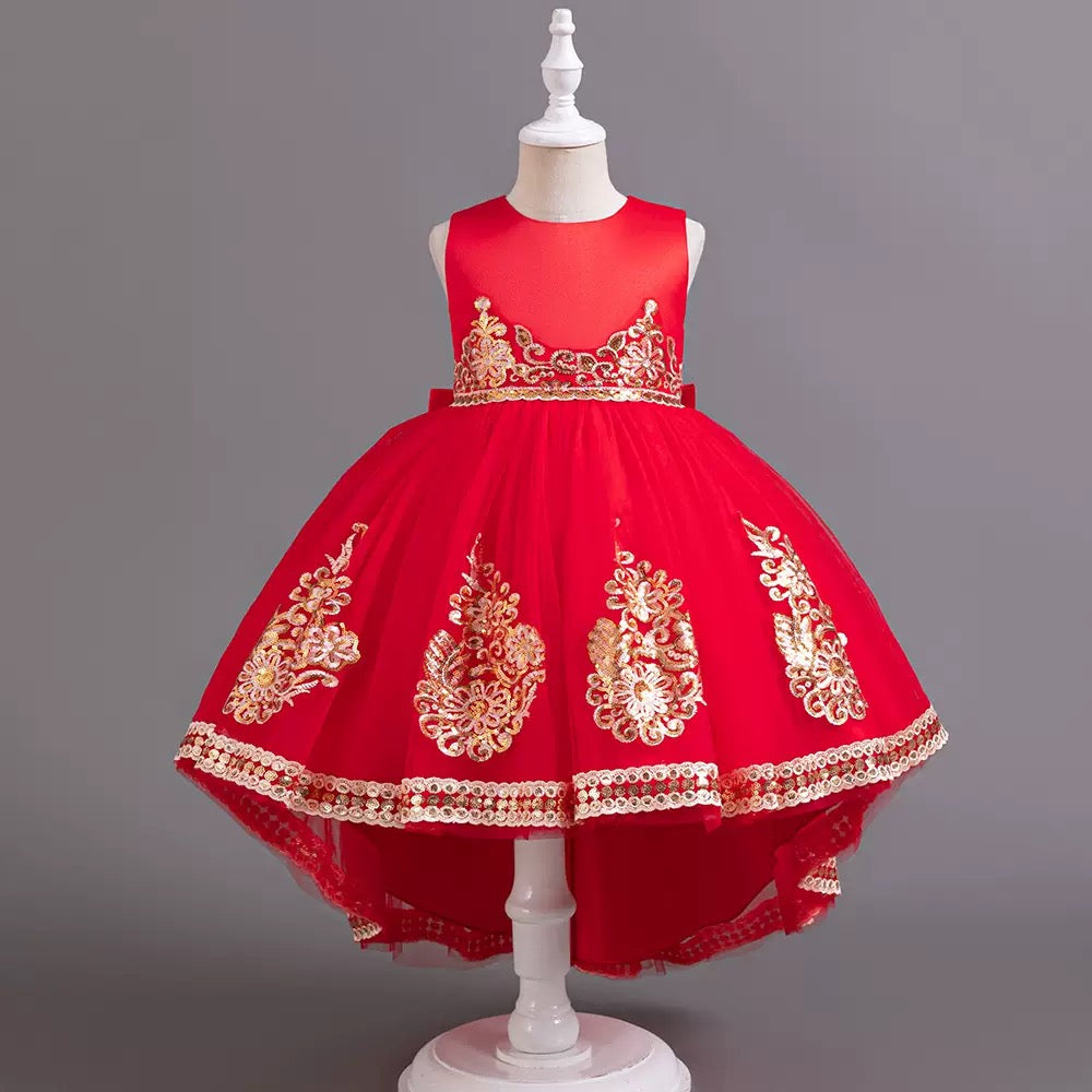 Wholesale Girls Elegant High-Low Princess Party Dress with Gold Embroidery – MOQ 50 Mixed Colors – 10 Pieces Per Color – $8 Each