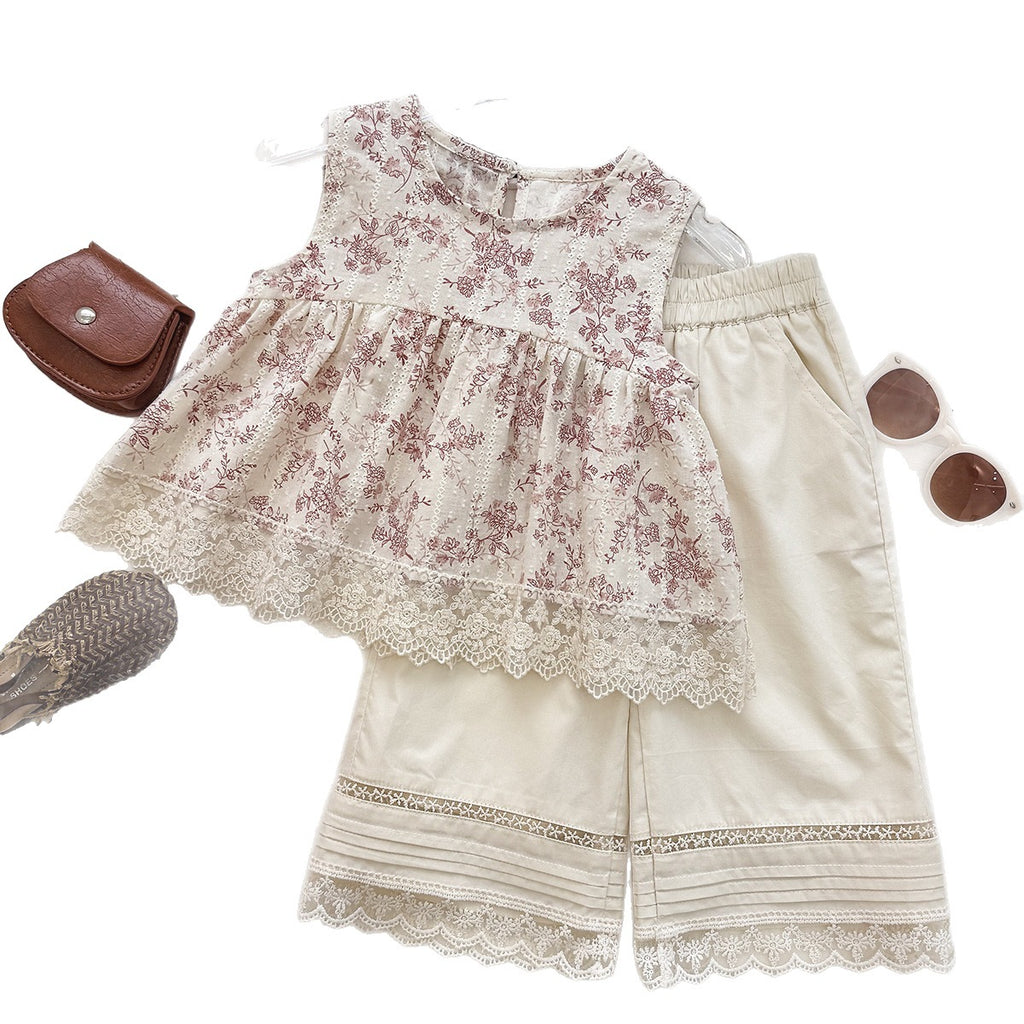 Girls Floral 2-Piece Set | Sleeveless Lace Top & Wide Leg Pants (90–150cm)