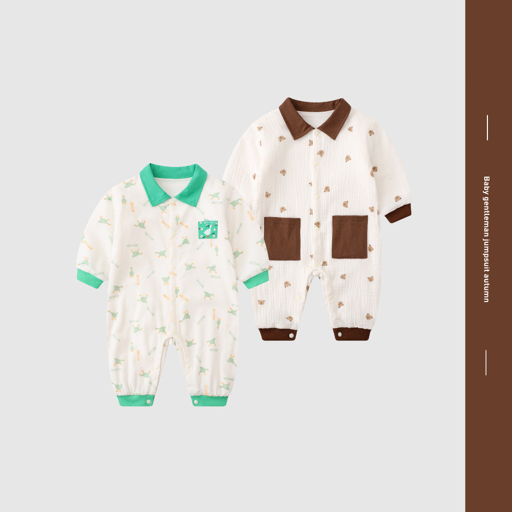 Spring and Autumn  Thin Cotton Baby Onesie, Cartoon Cute Goose Long Sleeve Baby Turn-down Collar Casual Baby Romper