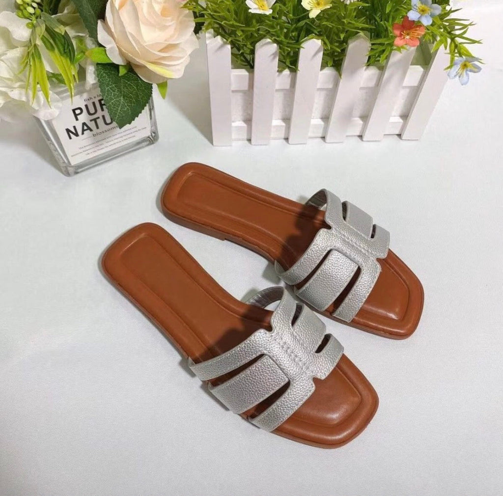 Blue H-Strap Flat Slide Sandals