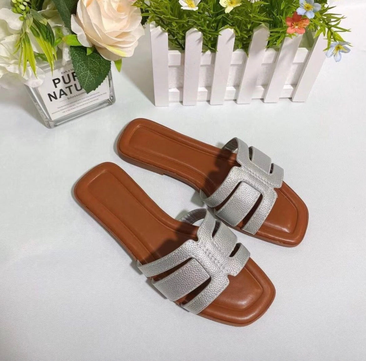 Blue H-Strap Flat Slide Sandals