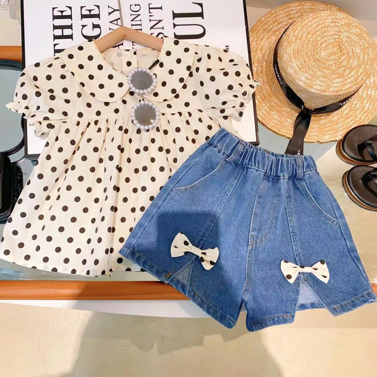 Cute Polka Dot Blouse and Denim Shorts Set for Girls, Fashionable Two-Piece Outfit, Kids Trendy Casual Wear