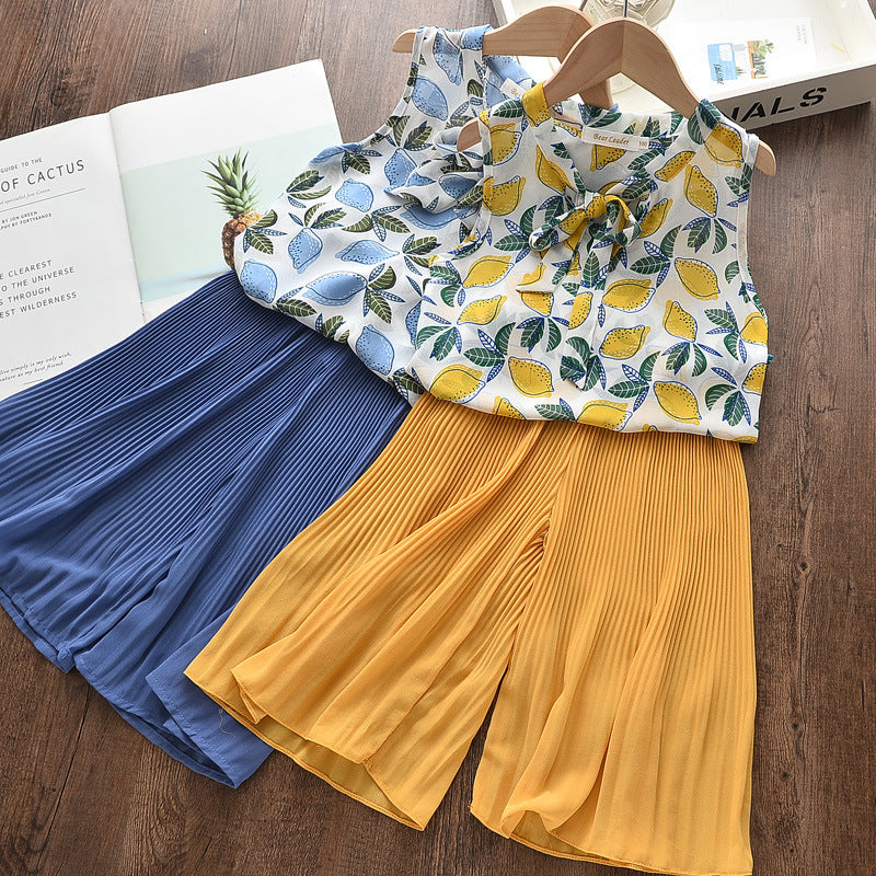 Girls' Lightweight Chiffon Bow Blouse & Wide-Leg Pants Set — Korean Style