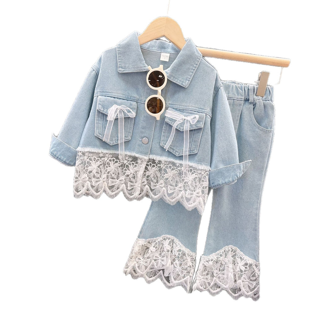 Girls' Spring and Autumn New Fashion Kids Clothing Set, Denim Lace Patchwork Jacket with Denim Pants, Stylish Two-Piece Outfit