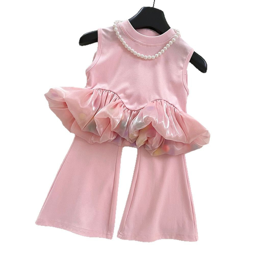 Cute Girls' Sleeveless Patchwork Tank Top Set Fashion Stretch Flared Pants Two-Piece Outfit