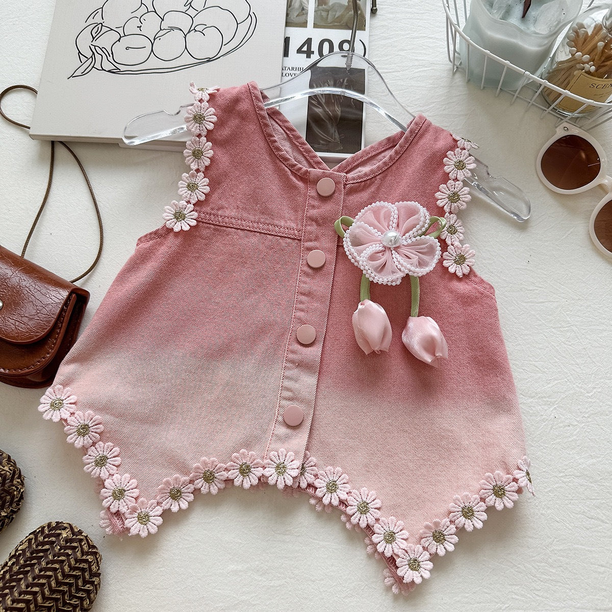 Summer Girls' Set Floral Denim Vest with Ruffled Shorts Casual Two-Piece Outfit