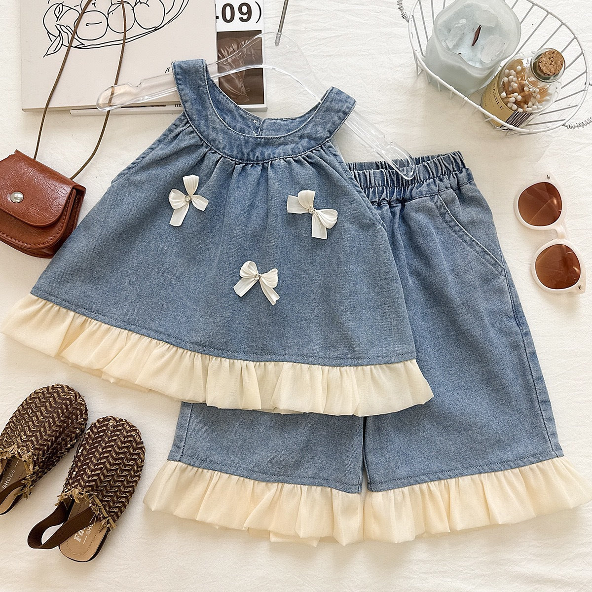 Cute Butterfly Knot Sleeveless Top and Wide Leg Pants Two-Piece Set for Girls, Fashionable Denim Outfit