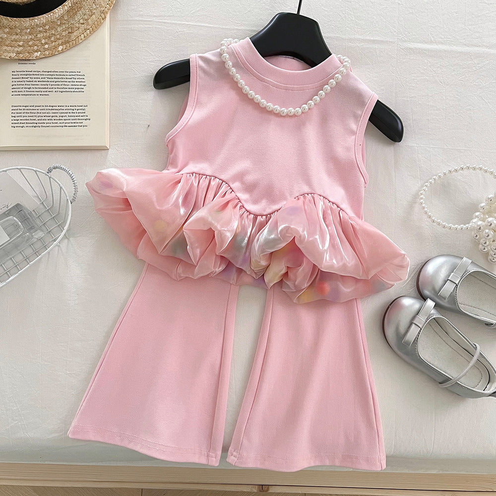 Cute Girls' Sleeveless Patchwork Tank Top Set Fashion Stretch Flared Pants Two-Piece Outfit