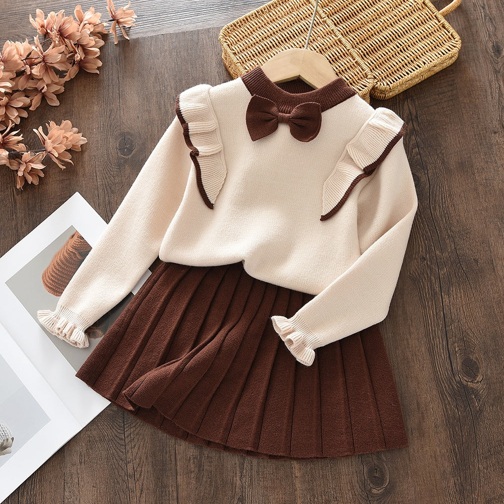 Girls' Charming Knitted Sweater & Pleated Skirt Princess Two-Piece Set