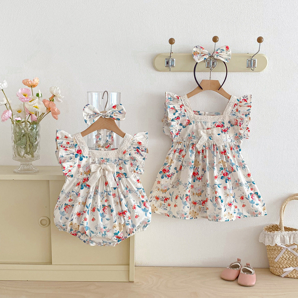 Baby Clothes Summer Baby Full Moon Romper Short Sleeve Sweet Print Princess Dress Stylish Sisters Outfit