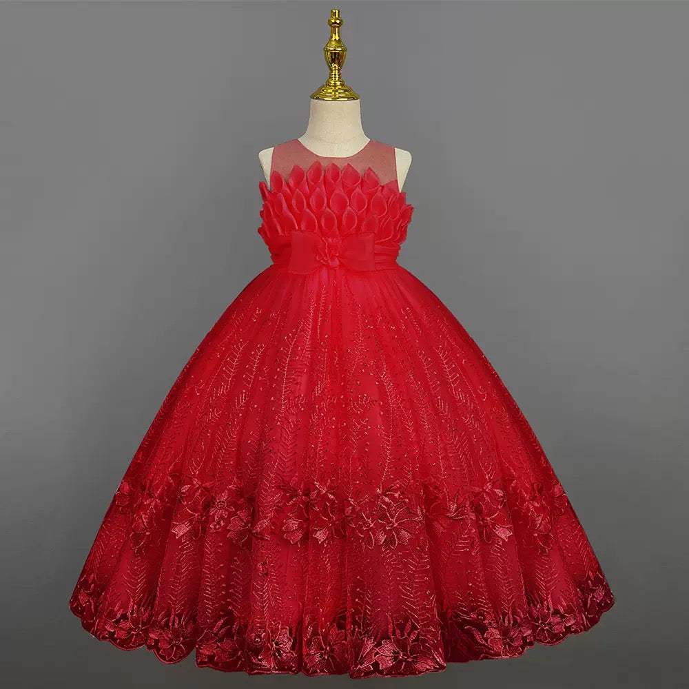 Wholesale Girls Luxury Princess Ball Gown with Floral Lace & Bow Detail – MOQ 50 Mixed Colors – 10 Pieces Per Color – $9Each