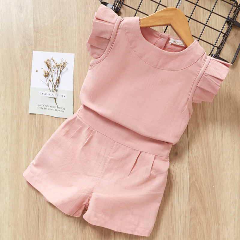 Girls' Flutter Sleeve Crop Top & Solid Color Shorts Two-Piece Set