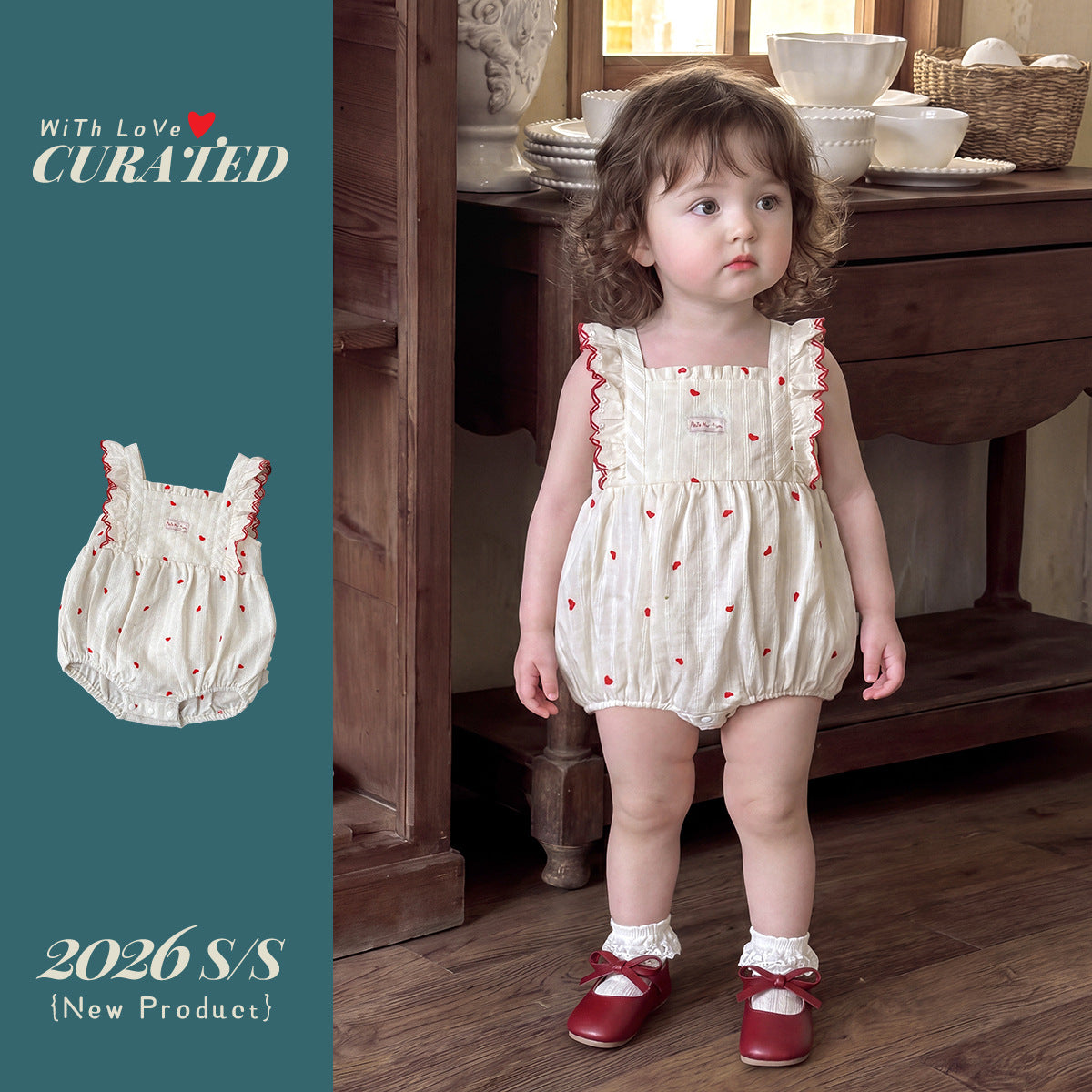 Cotton Romper for Baby Girls, Sweet Ruffled Heart-Shaped Triangular Bodysuit, Baby Girl Onesie Summer