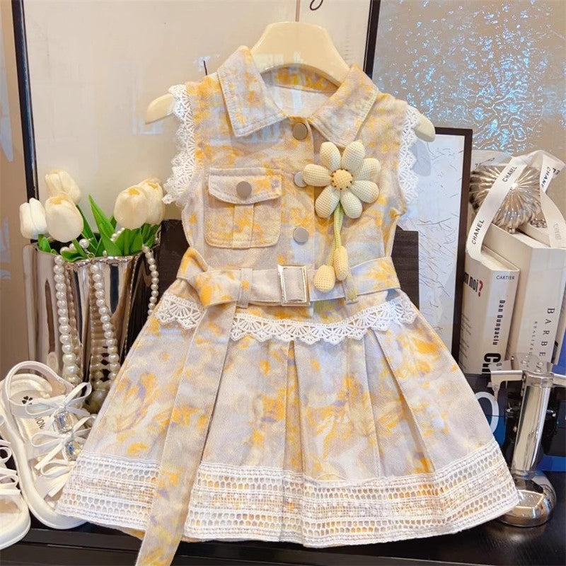 Girls Floral Lace Pleated Skirt Set with Belt & 3D Flower | MOQ 12