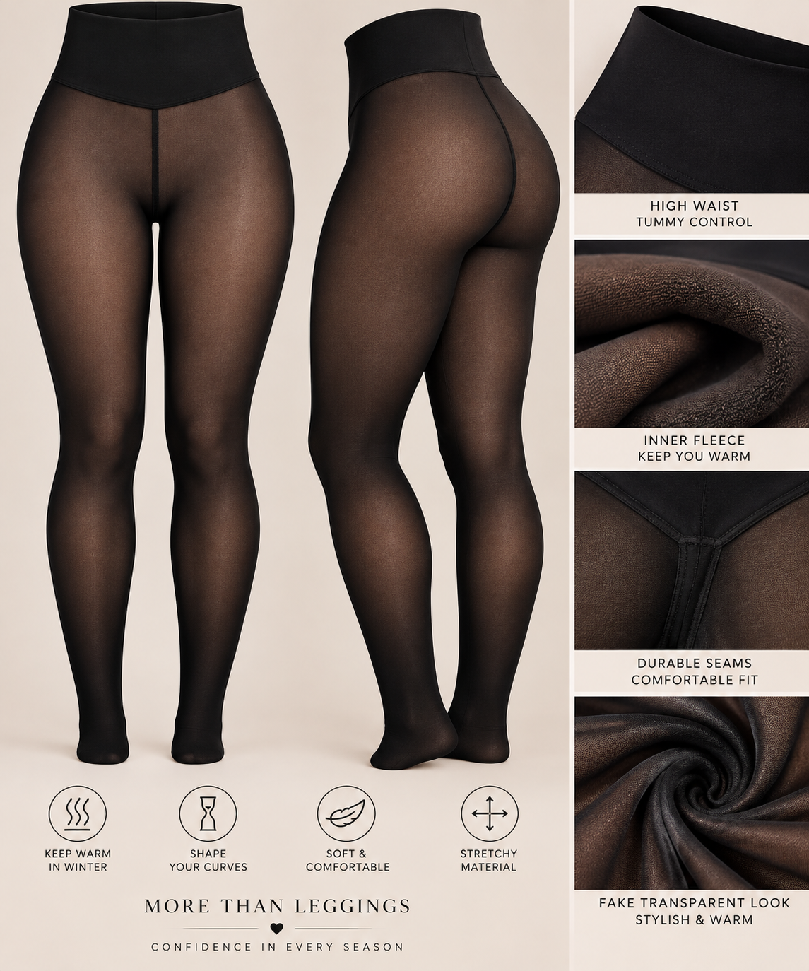Black Fleece-Lined Faux-Sheer Shaping Tights | 6-Pack | $12.50/Unit | MOQ 4|pack $75