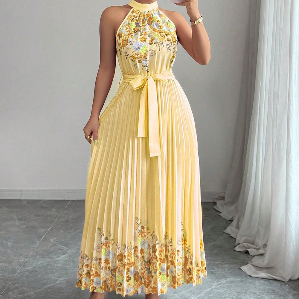Women’s Floral Print Halter Neck Pleated Maxi Dress with Waist Tie – $19.99 Unit Price | MOQ 24 Pieces.Size S-xl