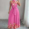 Women’s Floral Print Halter Neck Pleated Maxi Dress with Waist Tie – $19.99 Unit Price | MOQ 24 Pieces.Size S-xl