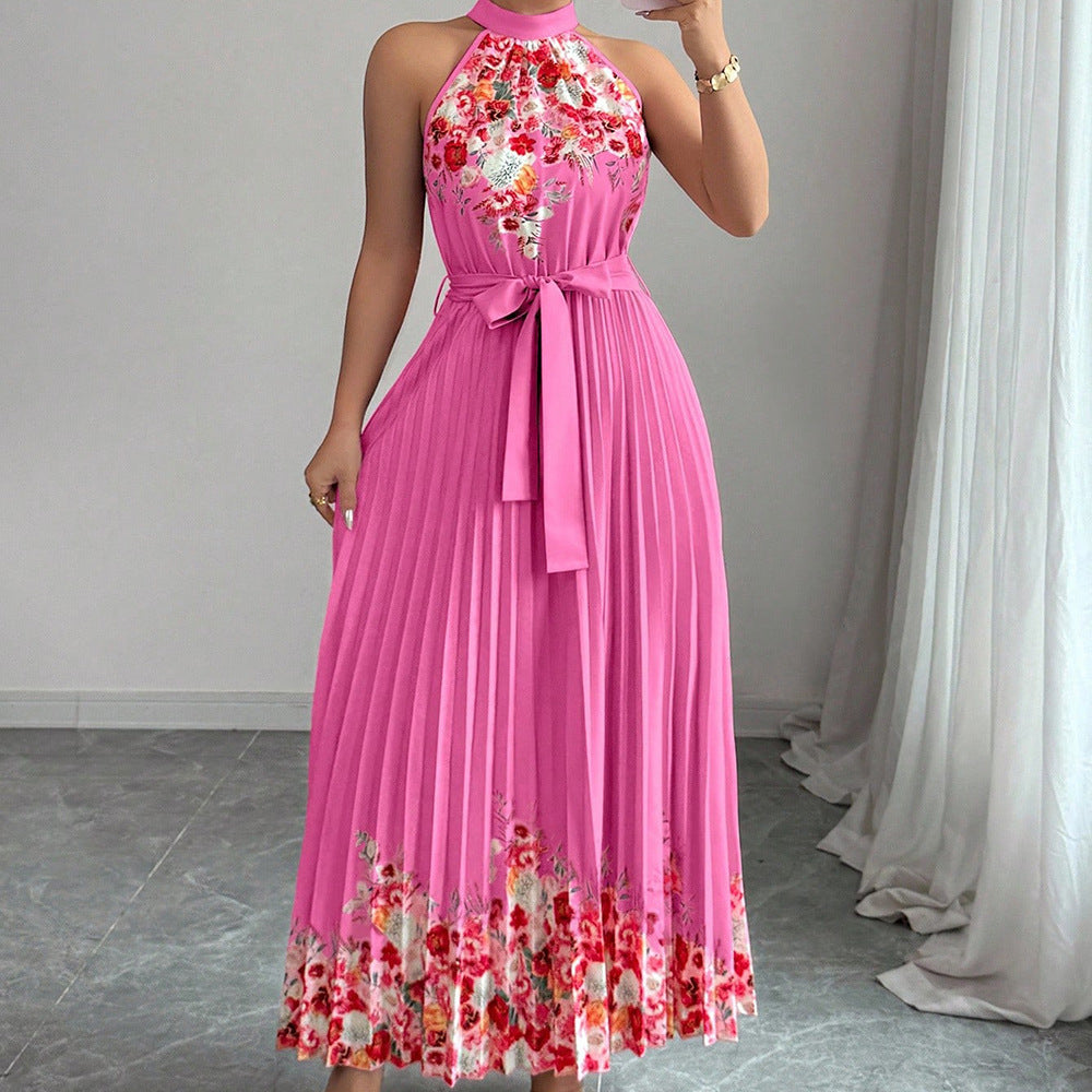 Women’s Floral Print Halter Neck Pleated Maxi Dress with Waist Tie – $19.99 Unit Price | MOQ 24 Pieces.Size S-xl