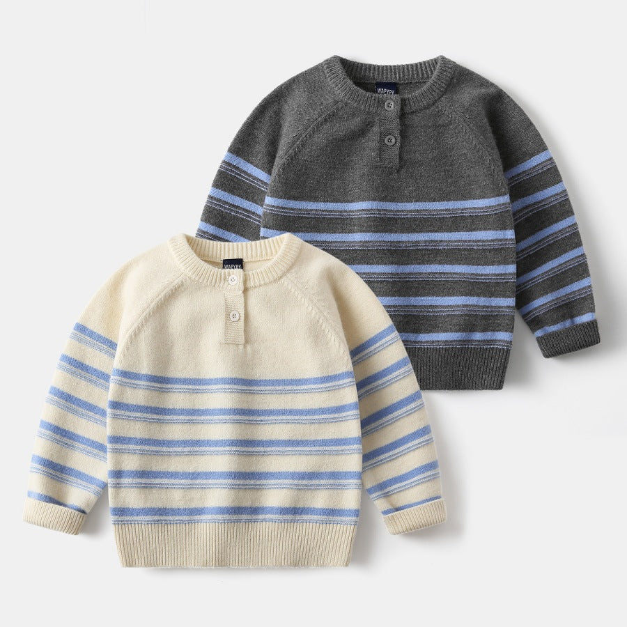 Boys Korean Style Striped Knitted Sweater — Long Sleeve Pullover for Fall & Winter (Sizes 90-130cm)