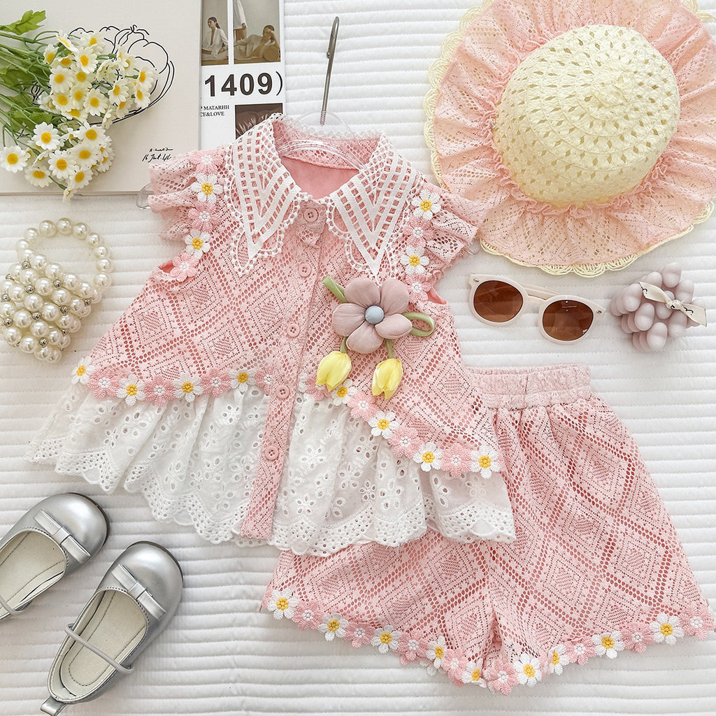 Fashionable Lace Flower Flutter Sleeve  Ruffle Shorts Princess Two-Piece Set for Girls Summer Outfit