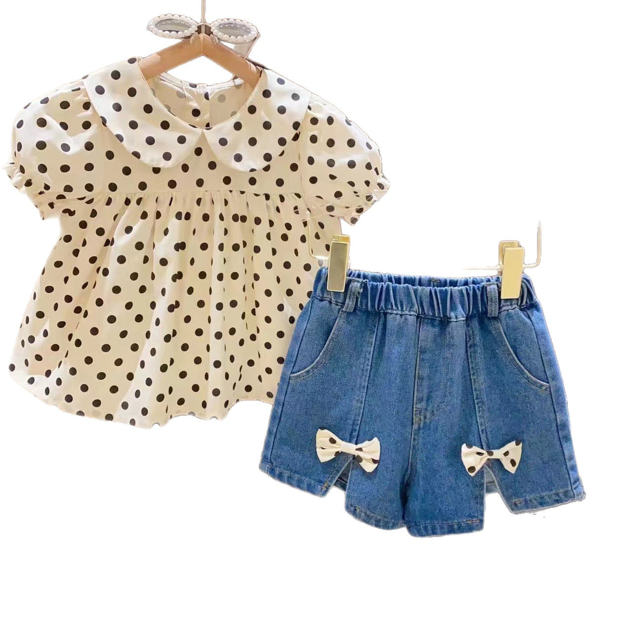 Cute Polka Dot Blouse and Denim Shorts Set for Girls, Fashionable Two-Piece Outfit, Kids Trendy Casual Wear