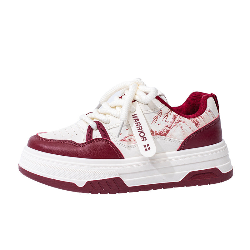 Retro red landscape printed board shoes with cross straps and thick soles