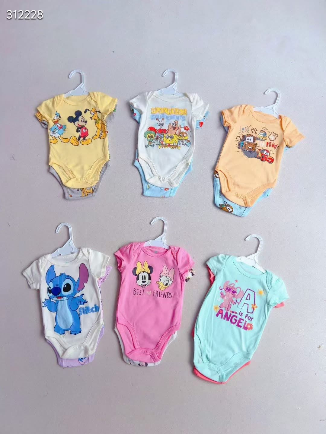 Baby Bodysuit Set — 6-Pack Assorted Character Prints | Licensed | Wholesale (MOQ 100)