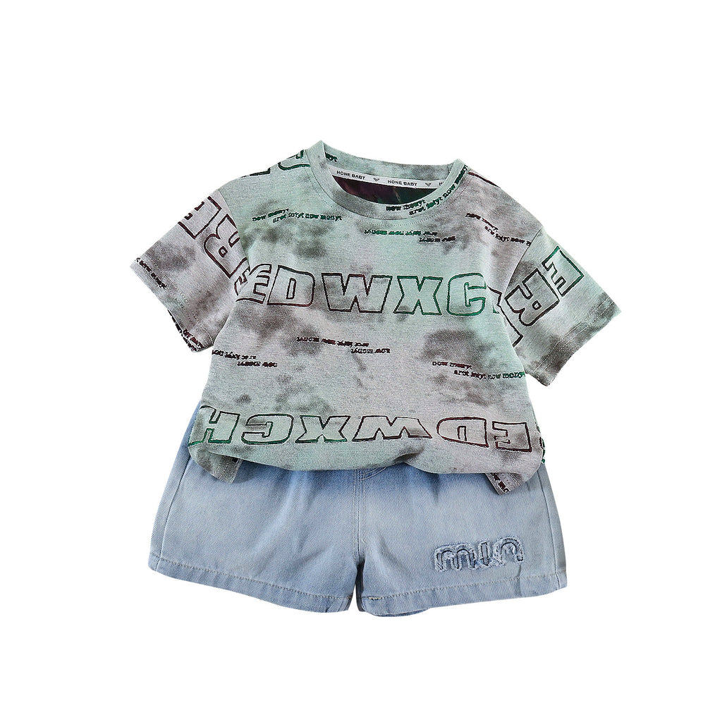 Boys Tie-Dye Letter Print 2-Piece Set — Short Sleeve Top & Mid-Length Shorts (Sizes 80-120cm)