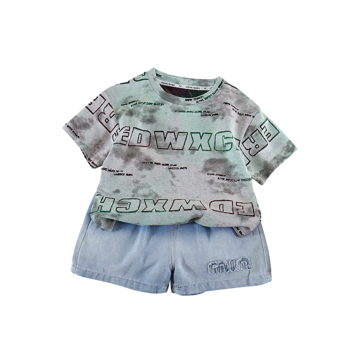Boys Tie-Dye Letter Print 2-Piece Set — Short Sleeve Top & Mid-Length Shorts (Sizes 80-120cm)